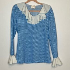 Creation Antoinette Vintage long sleeve ruffle collar and wrist size M WhiteBlue